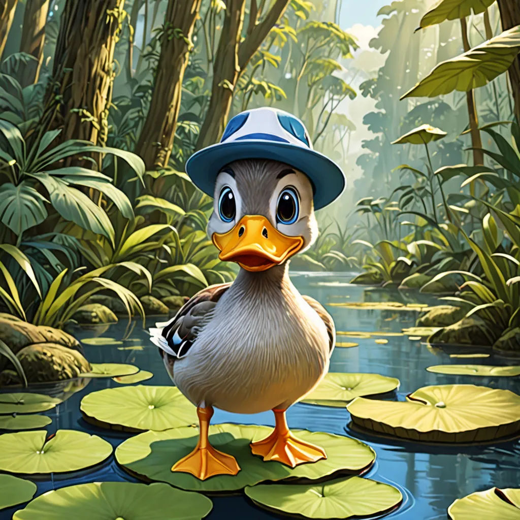 a duck wearing a hat standing on a lily pad in a swampy area with lily pads on the water, photorealism, an ultrafine detailed painting, Chris LaBrooy, promotional image
