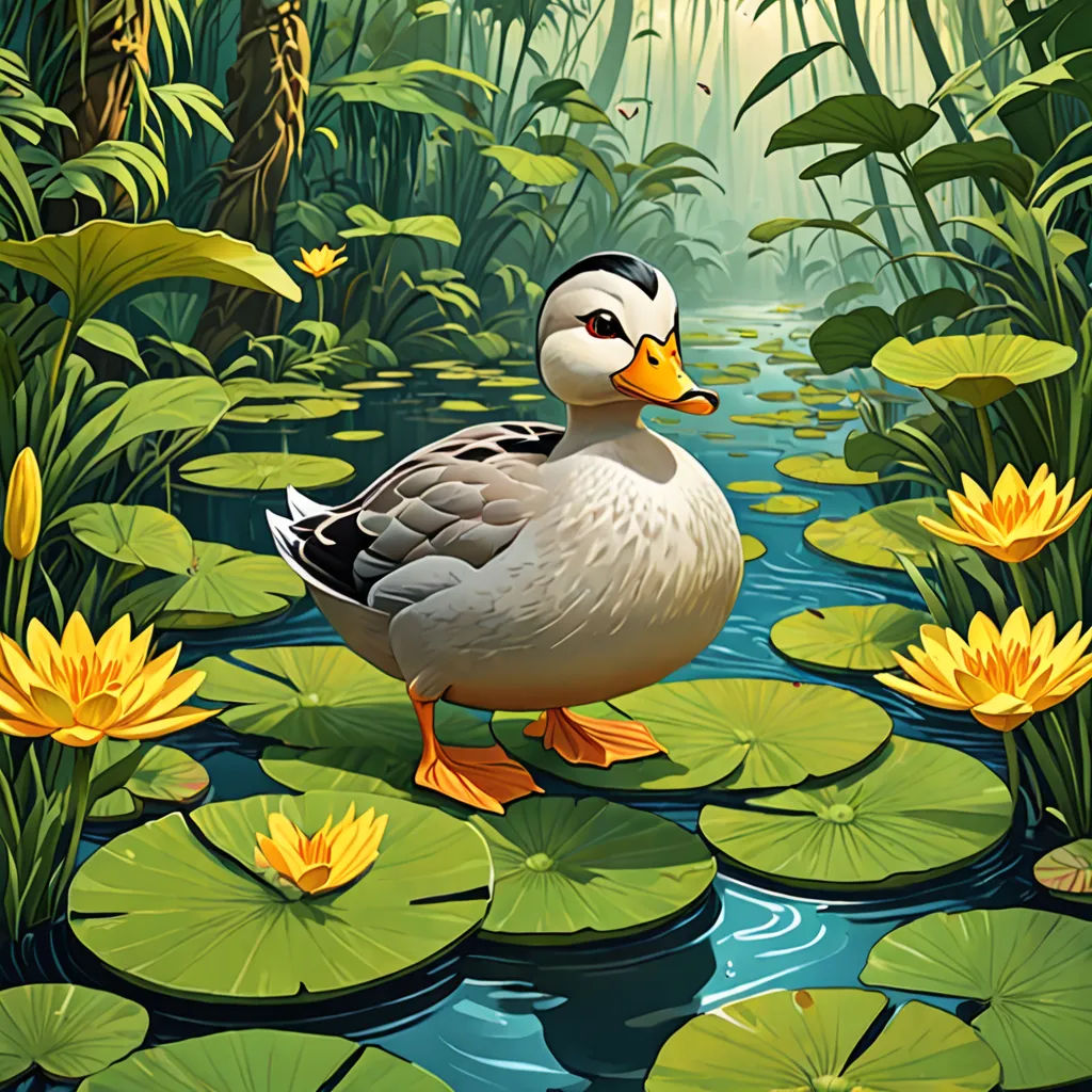 a duck standing on a lily pad in a swampy area with lily pads and water lilies surrounding it, lowbrow, a storybook illustration, Chris LaBrooy, highly detailed digital painting