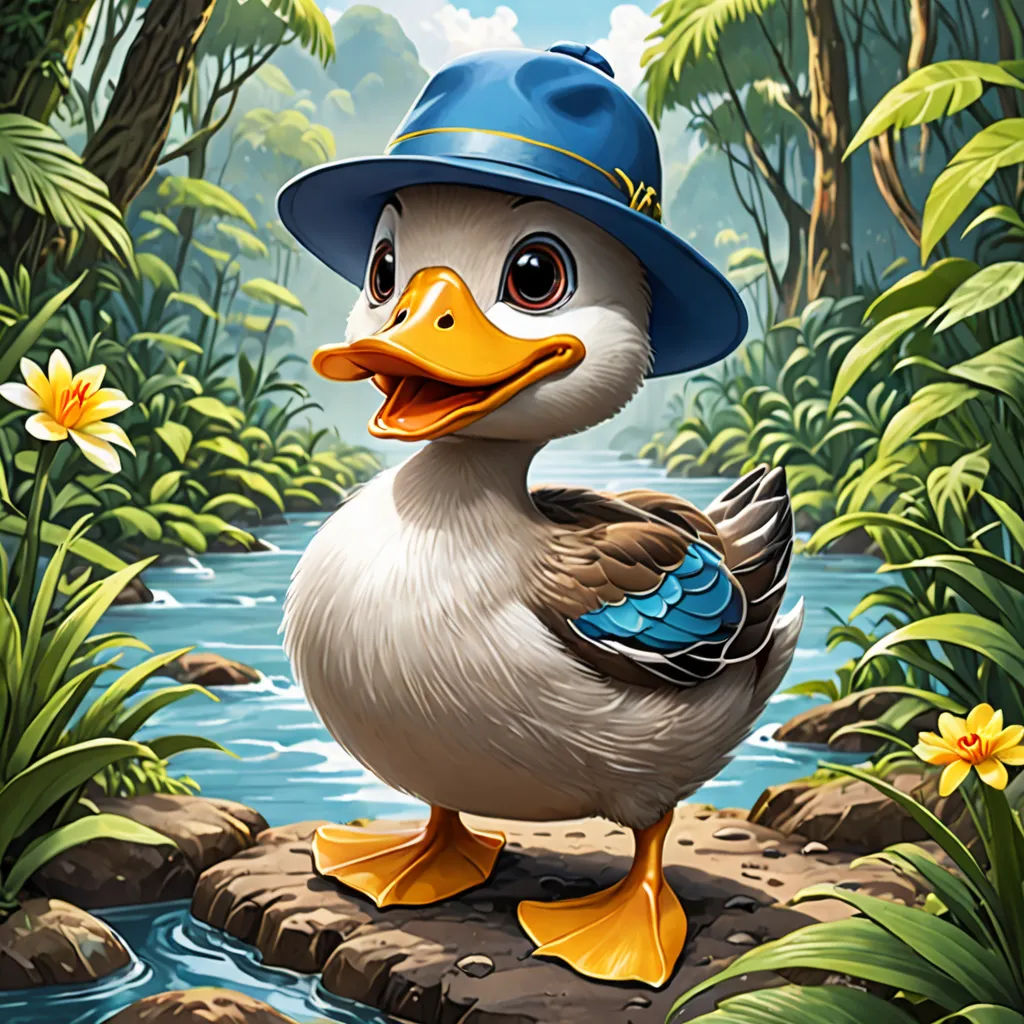 a duck wearing a blue hat standing on a rock in a jungle with flowers and water in the background, furry art, a character portrait, Chris LaBrooy, highly detailed digital painting