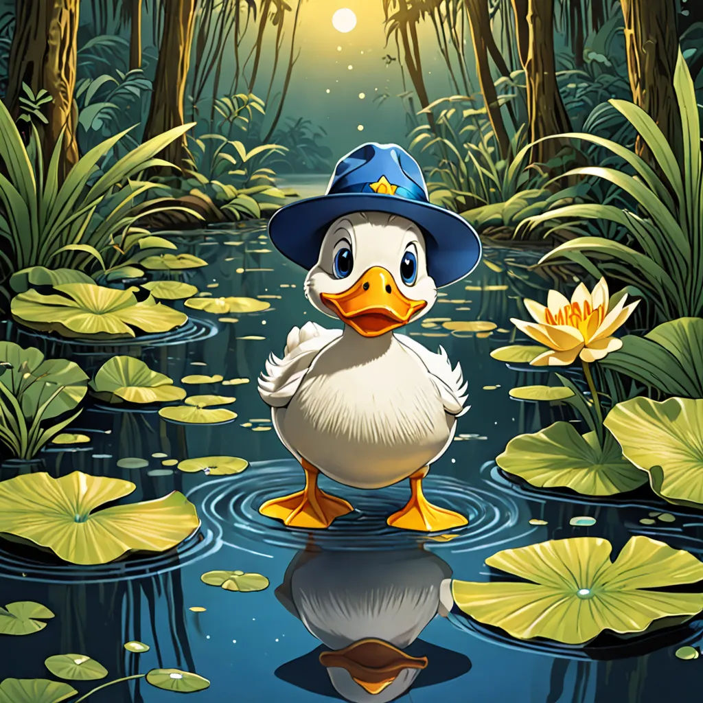 a duck wearing a hat standing in a pond of water lilies with lily pads and lily pads around it, magic realism, a storybook illustration, Chris LaBrooy, official art
