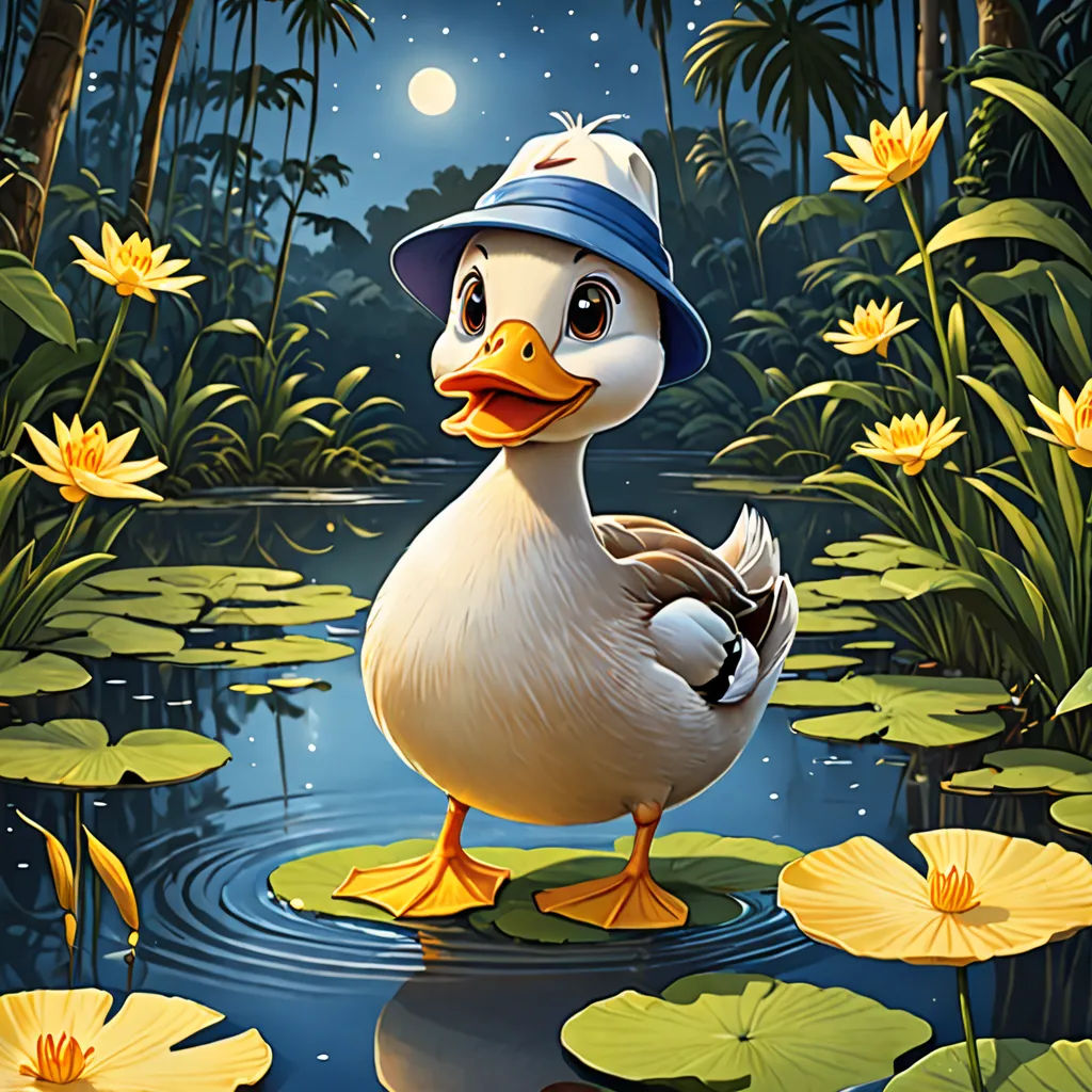 a duck wearing a hat standing in a pond of water lilies with lily pads around it and a full moon in the background, magic realism, a storybook illustration, Chris LaBrooy, highly detailed digital painting
