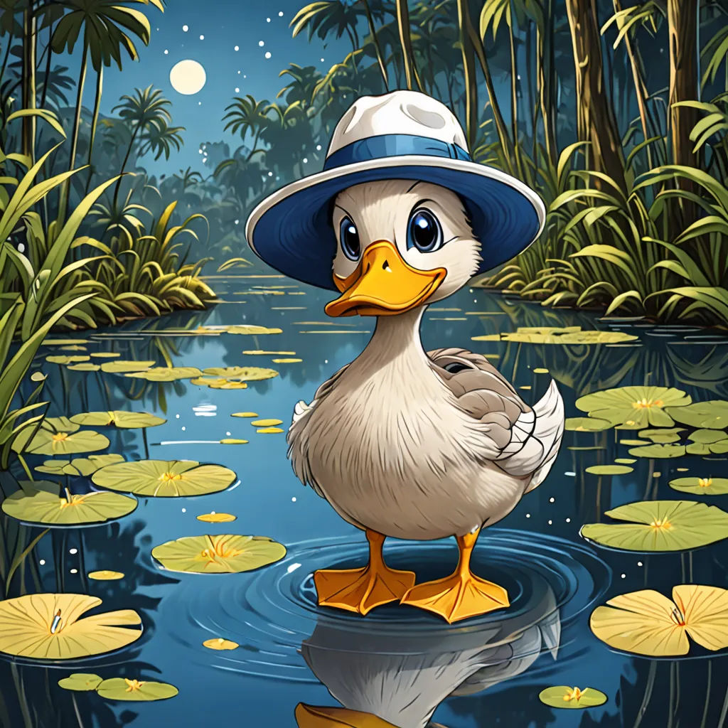 a duck wearing a hat standing in a pond of water with lily pads and lily pads on the water, kitsch movement, an ultrafine detailed painting, Chris LaBrooy, highly detailed digital painting