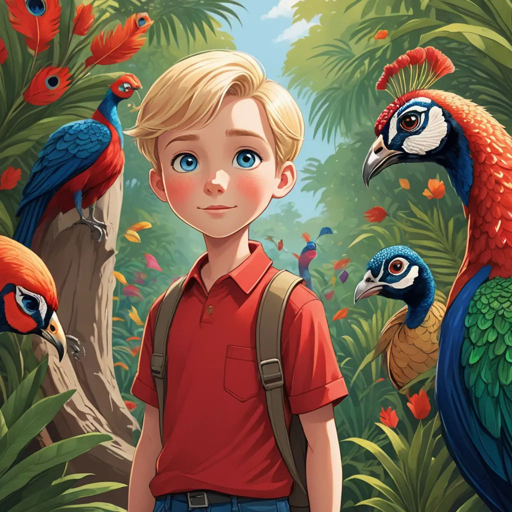 a boy standing in front of a group of birds in a jungle with a red shirt and backpack on, magical realism, a storybook illustration, Aaron Jasinski, rossdraws global illumination