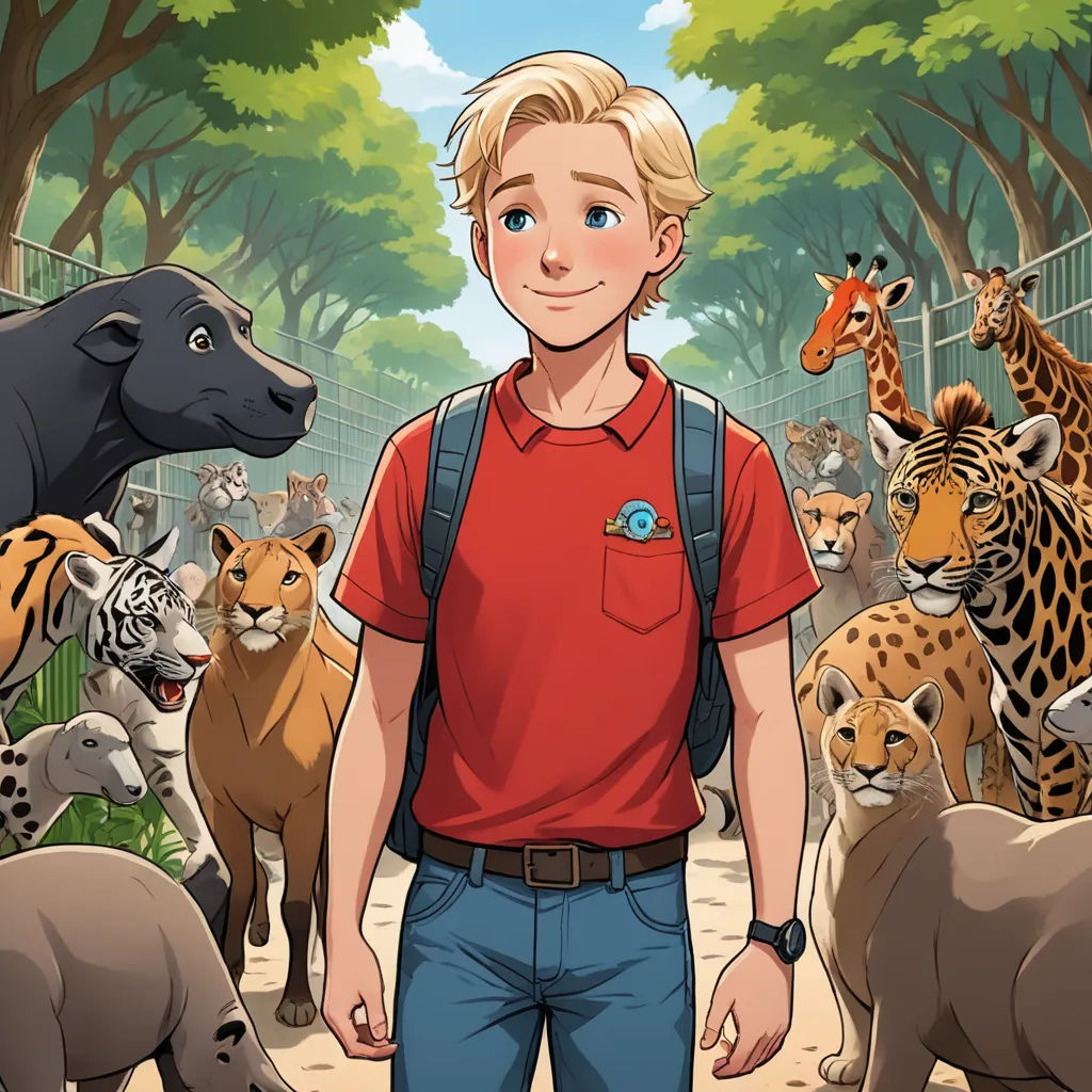 a boy standing in front of a bunch of animals in a zoo setting with a fence and trees in the background, furry art, a stock photo, Cliff Childs, furaffinity