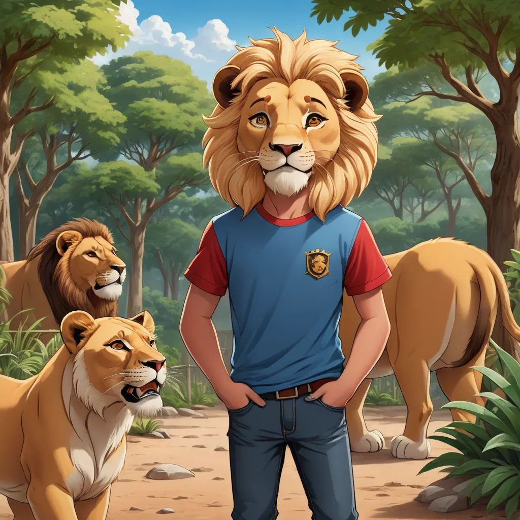 a lion and a lioness standing in the forest with trees and bushes behind them, with a man in a blue shirt and a lion's head, furry art, a character portrait, Chris LaBrooy, furaffinity