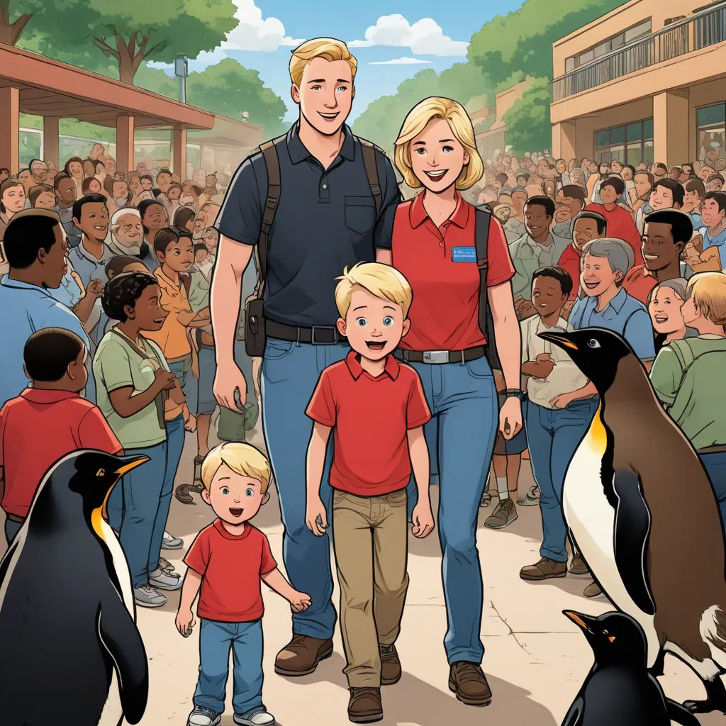 a man and woman standing next to a child in front of a crowd of penguins and penguins on a sidewalk, american realism, a storybook illustration, F Scott Hess, graphic novel