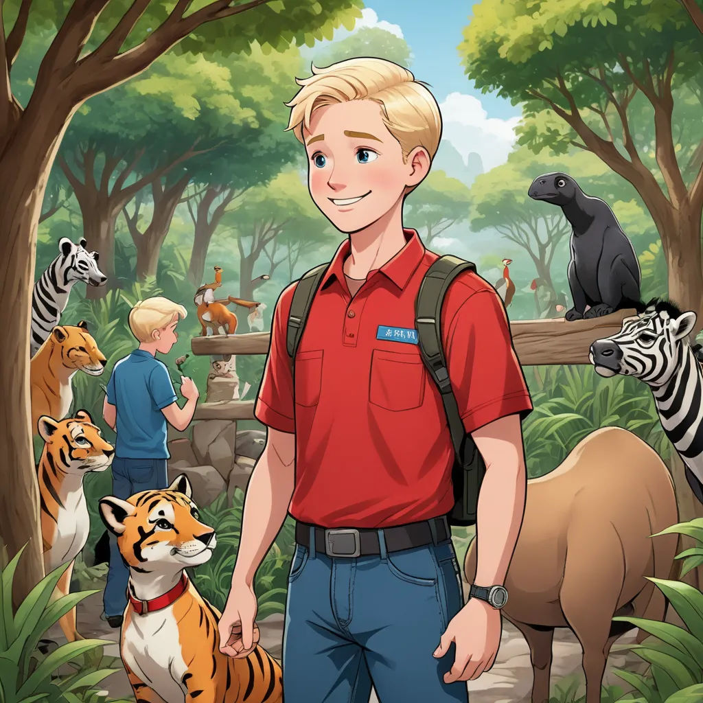 a boy in a red shirt is standing in front of a forest with animals and a bird on a fence, sots art, a character portrait, Evan Charlton, furaffinity