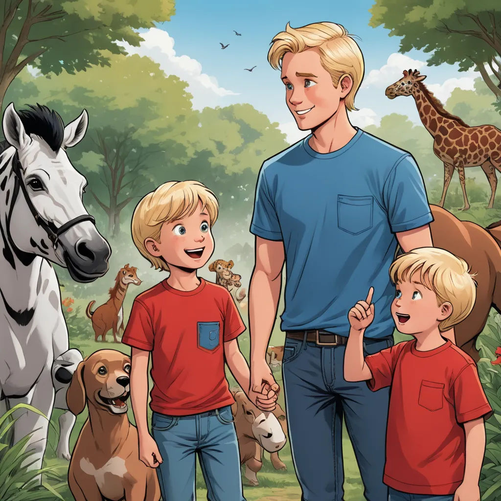 a man and two boys are standing in front of a horse and giraffes in a forest, furry art, a storybook illustration, Brothers Hildebrandt, comic cover art