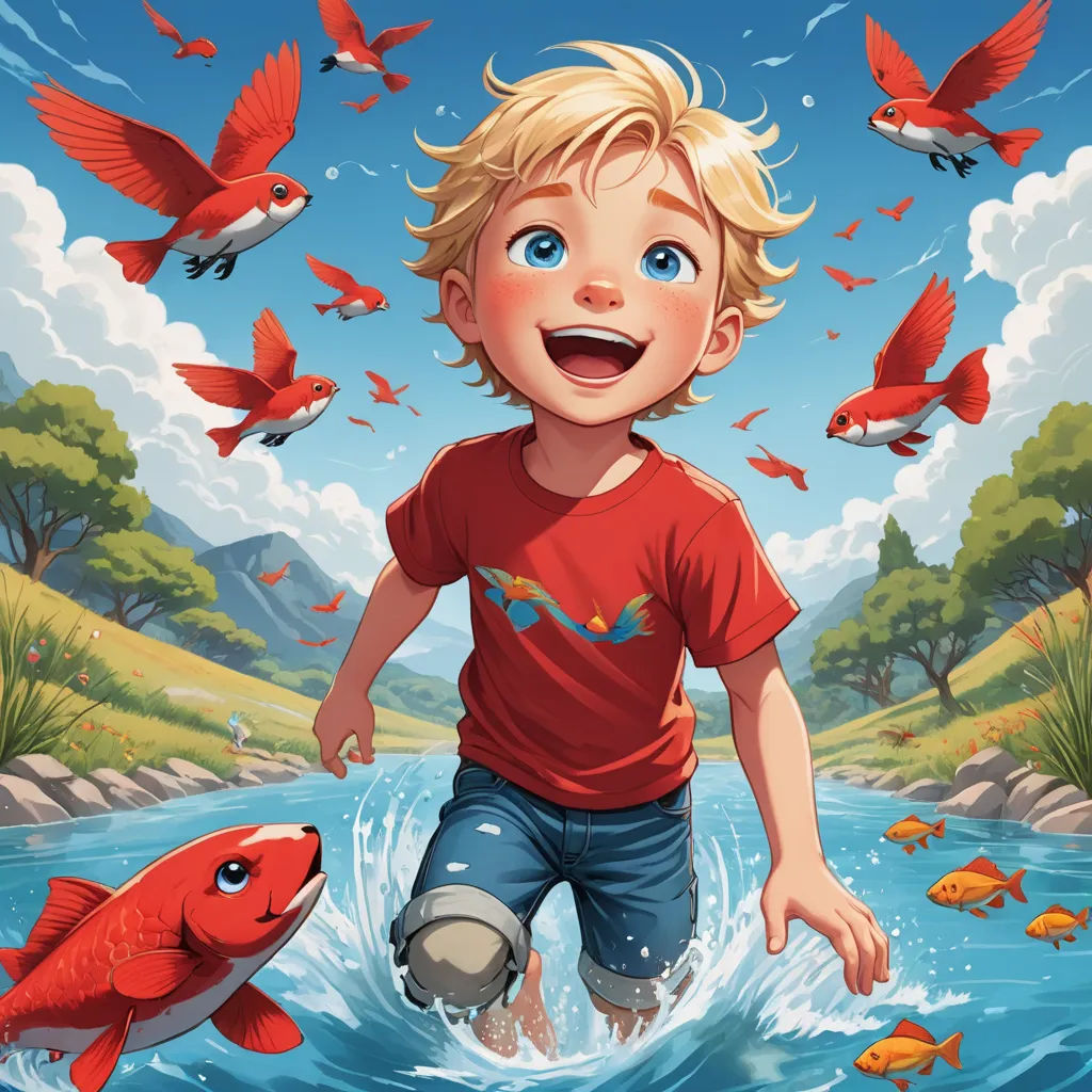 a boy is playing in the water with fish and birds flying around him in the sky above him is a river with fish, fantasy art, a storybook illustration, Aaron Jasinski, rossdraws global illumination