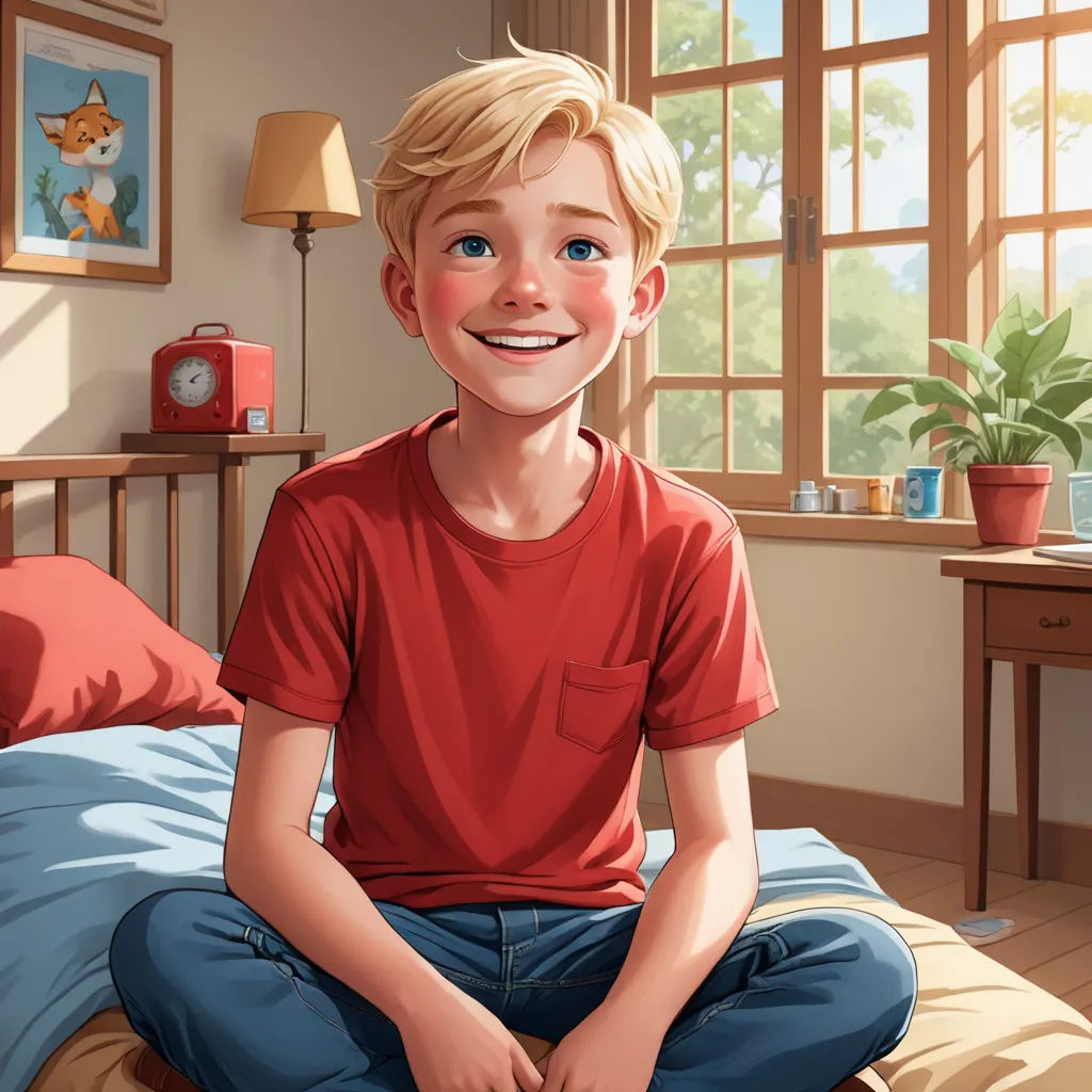 a boy sitting on a bed in a bedroom with a window and a lamp on the side of the bed, sots art, a storybook illustration, Aaron Jasinski, official art