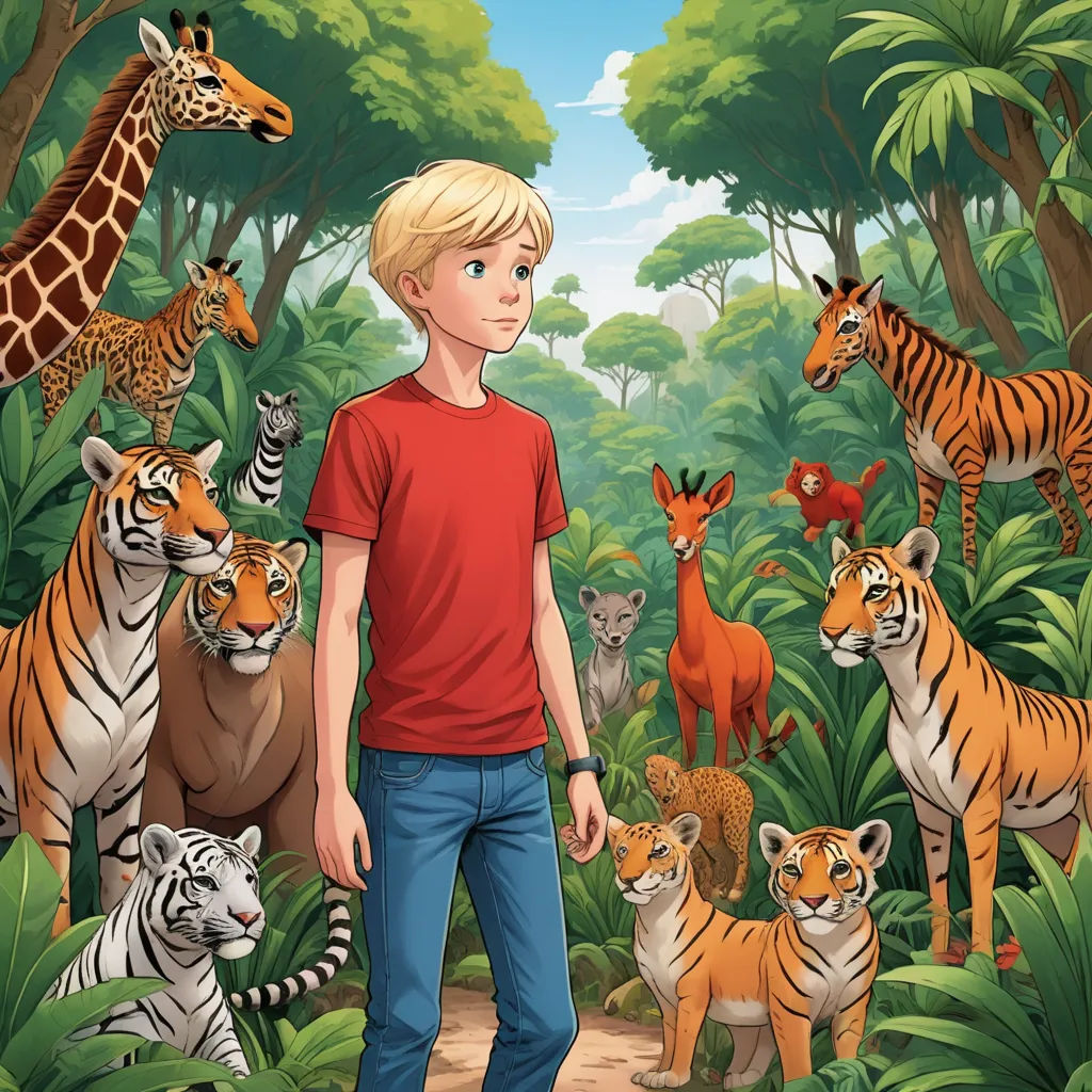 a boy standing in front of a group of tigers and other animals in a jungle setting with a giraffe and a tiger, furry art, a storybook illustration, Cliff Childs, promotional image
