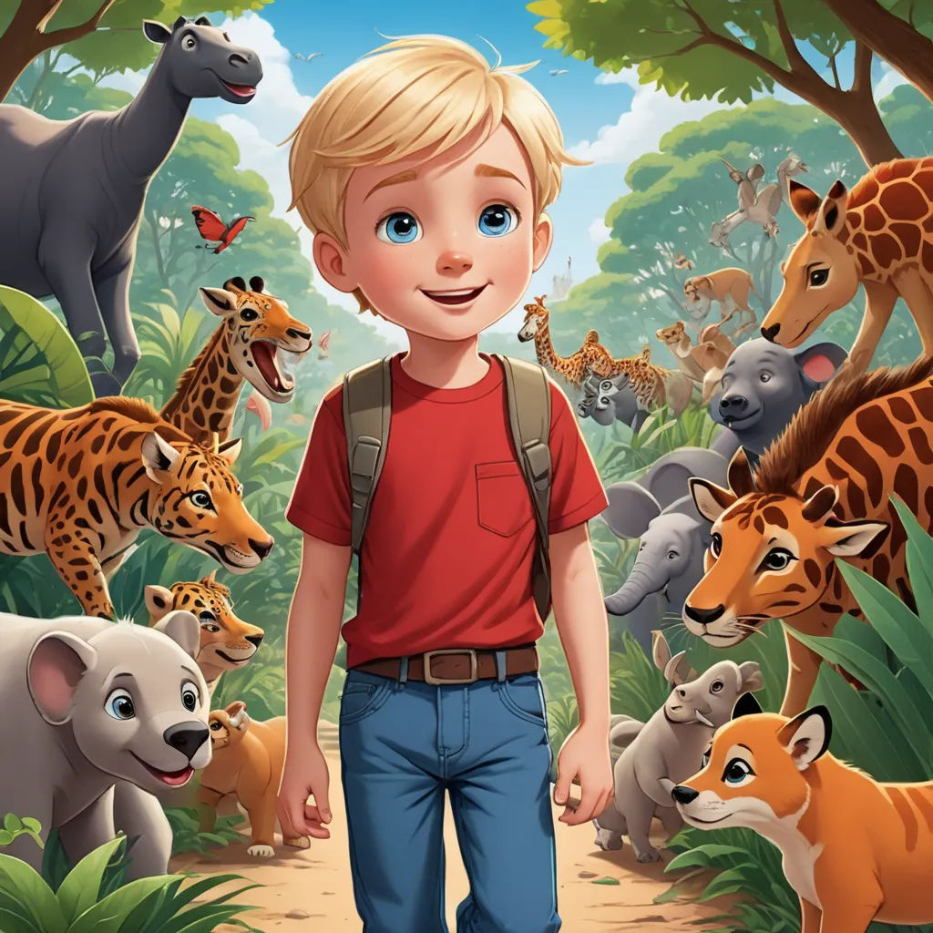 a boy standing in front of a forest filled with animals and a giraffe behind him is a forest scene, furry art, a storybook illustration, Chris LaBrooy, promotional image