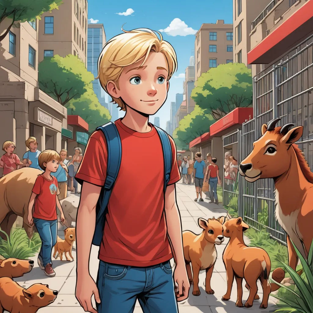 a boy standing in front of a group of animals on a city street with buildings in the background and a line of people walking down the street, furry art, a storybook illustration, Cliff Childs, graphic novel