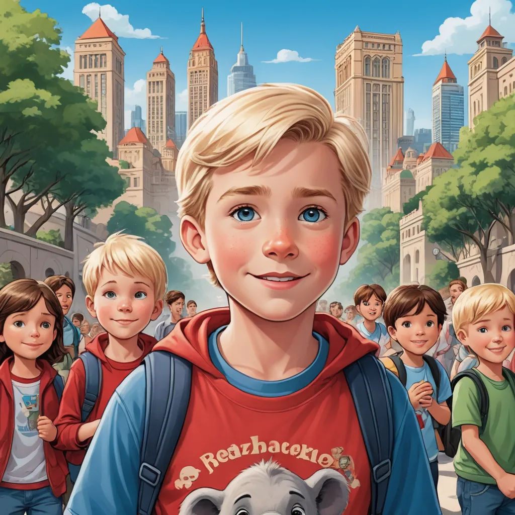 a boy with a backpack and a koala in front of a crowd of children in a city street, american realism, a storybook illustration, Aaron Jasinski, kinkade