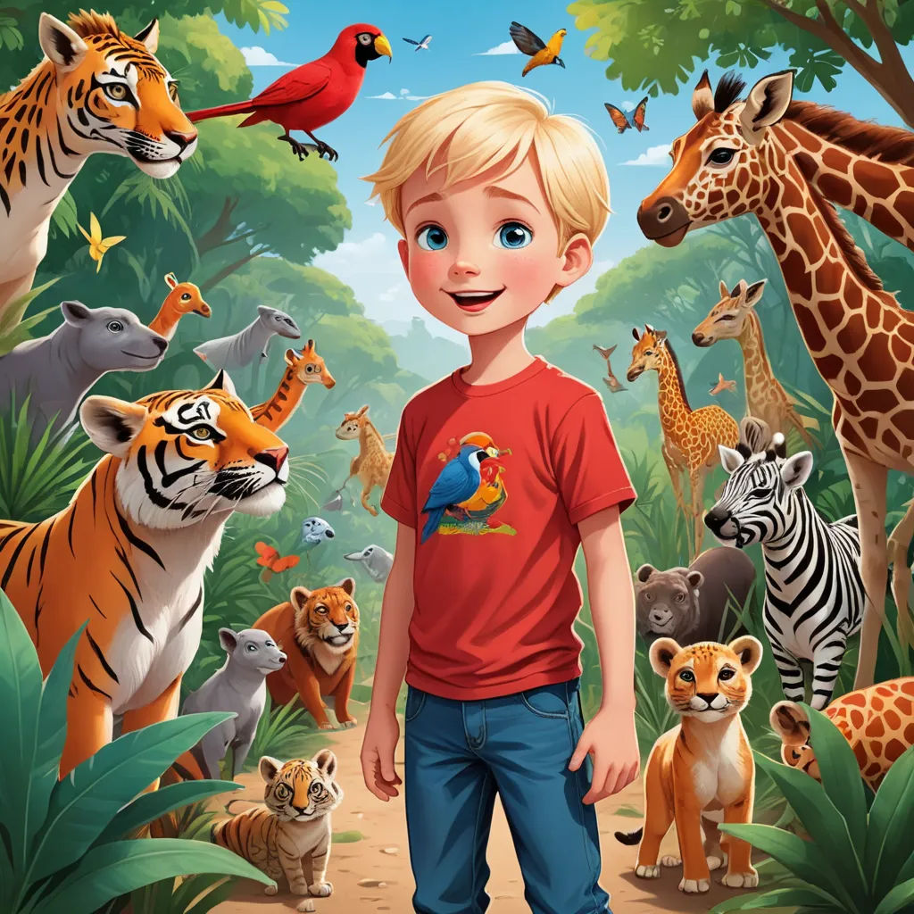 a boy standing in front of a jungle with animals and birds on it's back ground, and a bird on his shoulder, furry art, a storybook illustration, Chris LaBrooy, promotional image