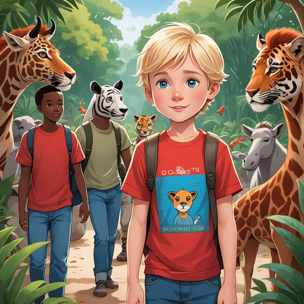 a boy in a red shirt is standing in front of a group of animals and a giraffe, furry art, a storybook illustration, Aaron Jasinski, comic cover art