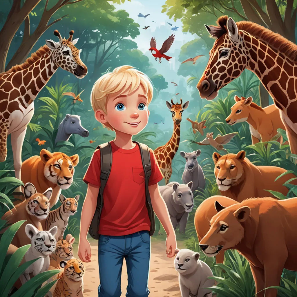 a boy is standing in front of a group of animals in the jungle with a bird flying above him, furry art, a storybook illustration, Chris LaBrooy, storybook illustration