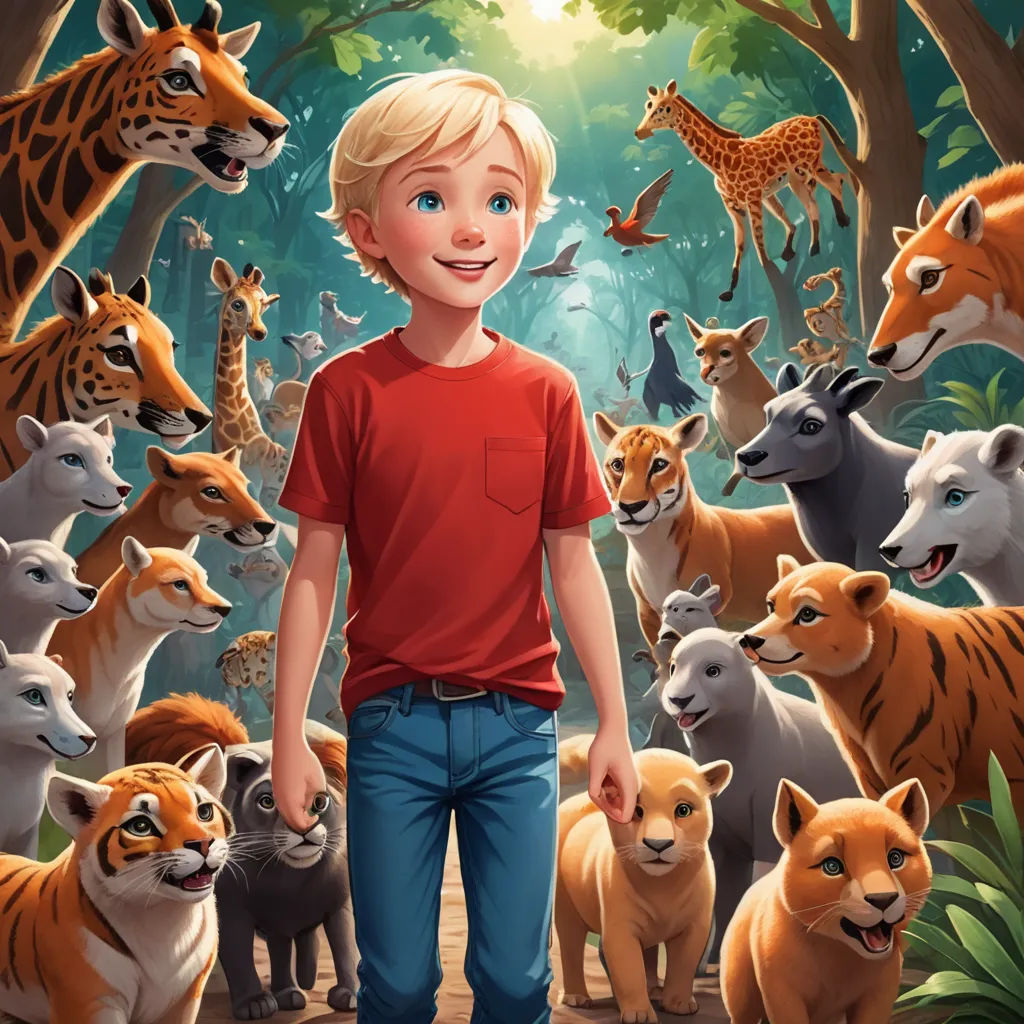 a boy standing in front of a group of animals in a forest with a forest background and a forest scene, furry art, a storybook illustration, Aaron Jasinski, furaffinity