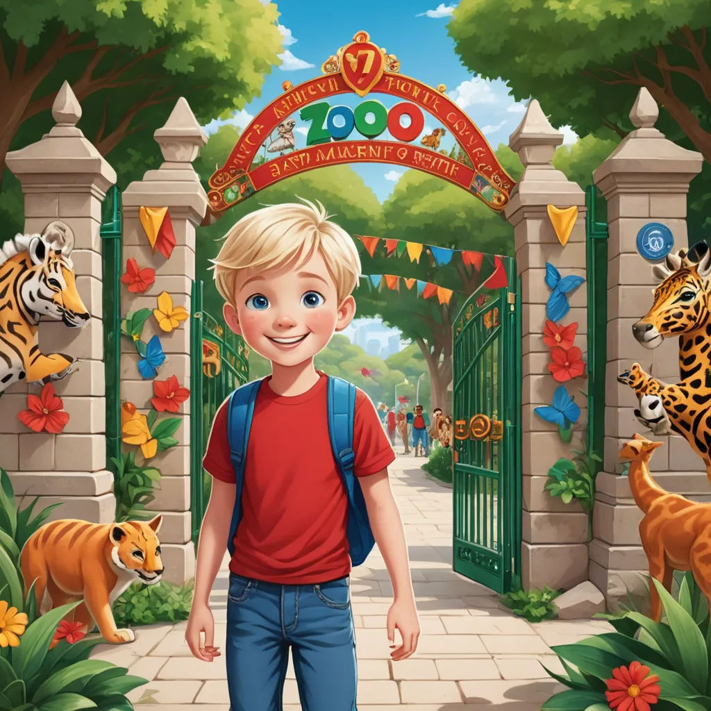 a boy is standing in front of a zoo entrance with tigers and tigers around him and a tiger cub, paris school, a storybook illustration, Eddie Mendoza, promotional image