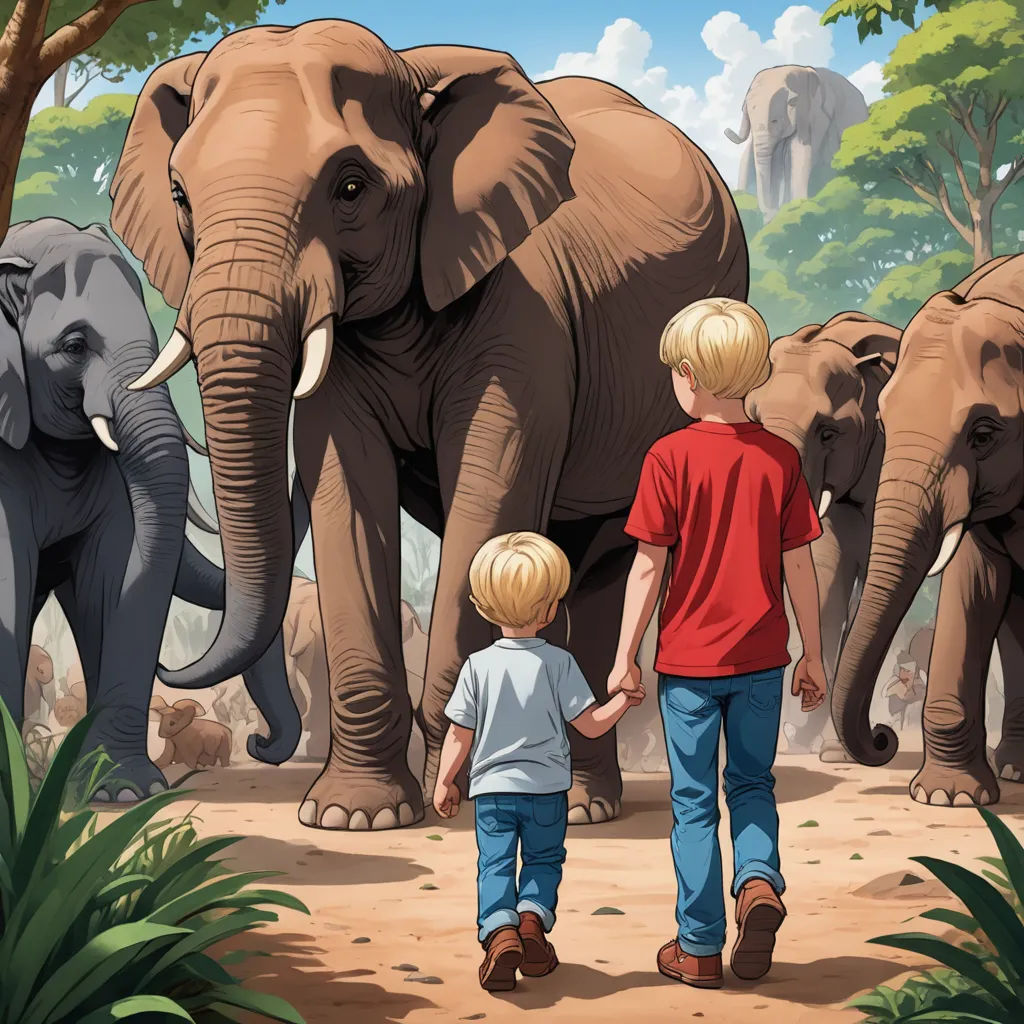 a couple of people that are standing in front of elephants in the dirt with trees and bushes behind them, sumatraism, a storybook illustration, Brothers Hildebrandt, storybook illustration