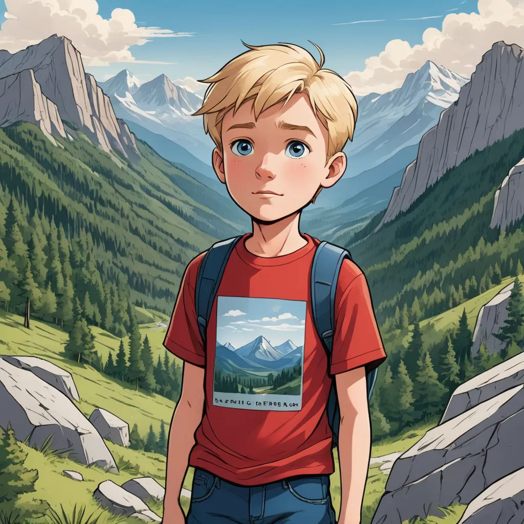 a boy with a backpack standing in front of a mountain range with a valley in the background and a mountain range in the background, sots art, a character portrait, Cedric Seaut (Keos Masons), graphic novel