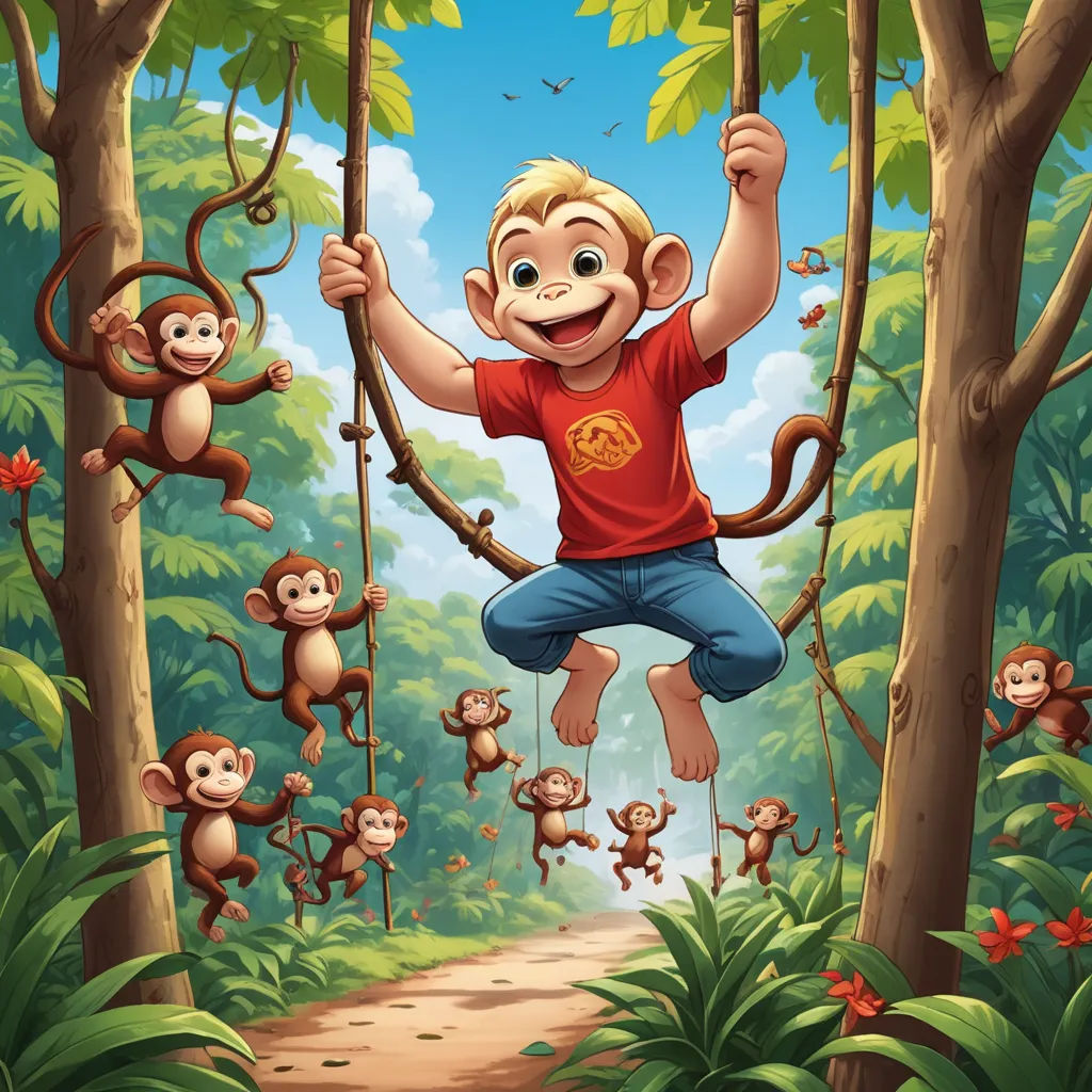 a boy is swinging on a rope in the jungle with monkeys around him and a monkey hanging from the tree, lyco art, a storybook illustration, Cliff Childs, promotional image