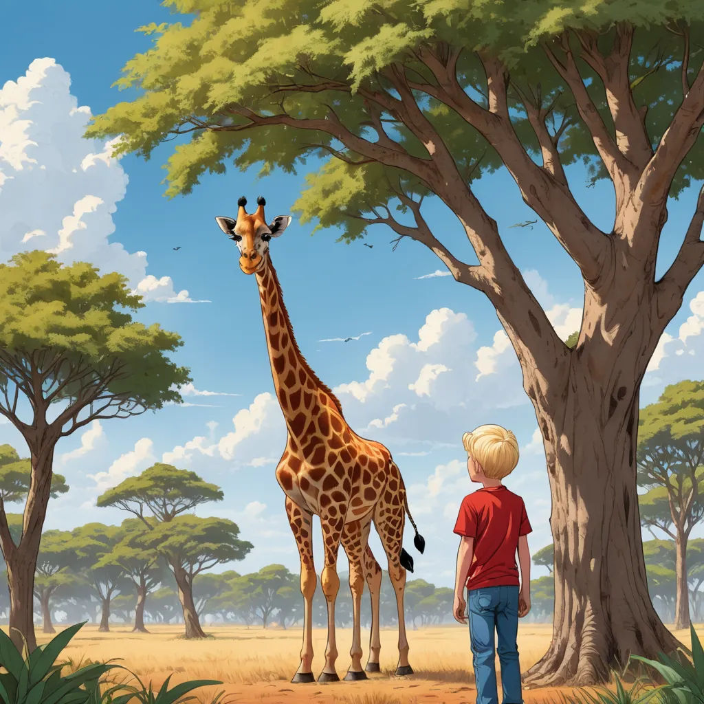 a boy standing next to a giraffe in a field near a tree and a sky background with clouds, fantastic realism, a storybook illustration, Chris LaBrooy, storybook illustration