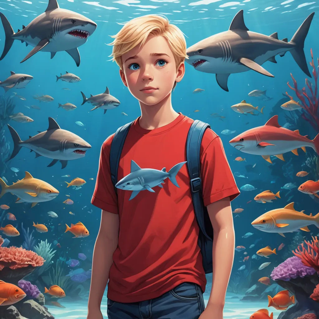 a boy standing in front of a large group of sharks in a coral reef with a red shirt on, photorealism, a storybook illustration, Aaron Jasinski, rossdraws global illumination