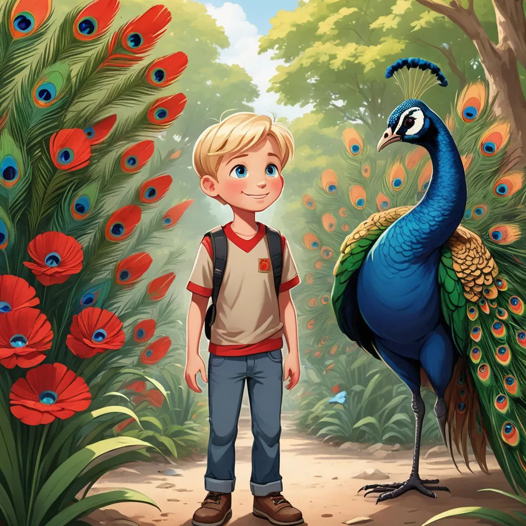 a boy standing in front of a peacock in a forest with red flowers and a blue bird in the background, magic realism, a storybook illustration, Cliff Childs, storybook illustration