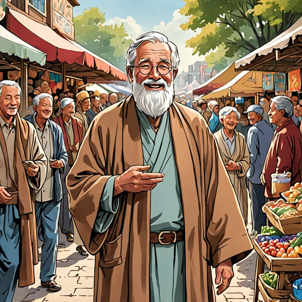 a man with a beard and a long robe is standing in front of a market with people and a cart of fruit, les automatistes, a storybook illustration, Drew Struzan, official art