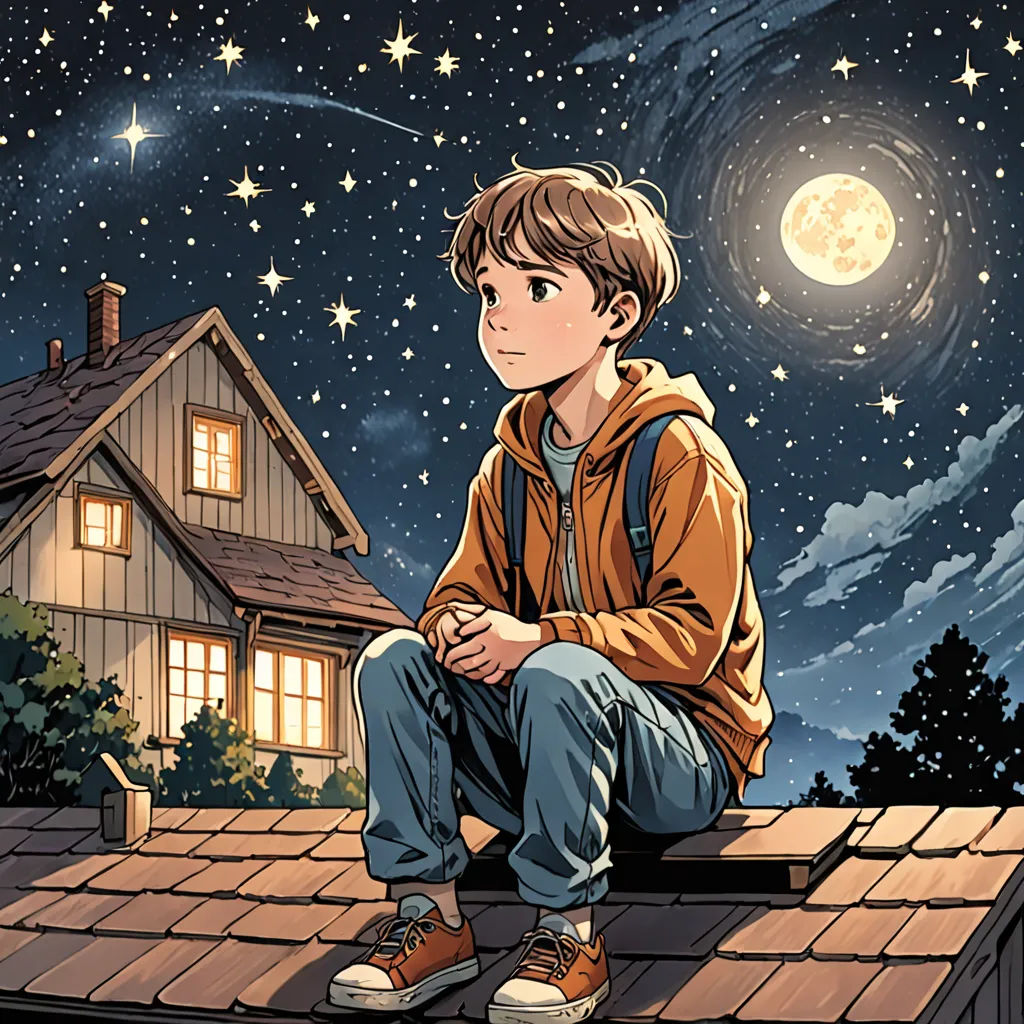 a boy sitting on a roof looking at the stars and the moon in the sky above him is a house, space art, a comic book panel, Aaron Jasinski, comic cover art