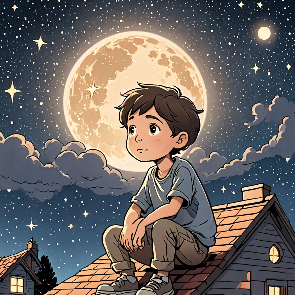 a boy sitting on a roof looking at the moon in the sky above him and a house in the background, space art, a storybook illustration, Asaf Hanuka, comic cover art