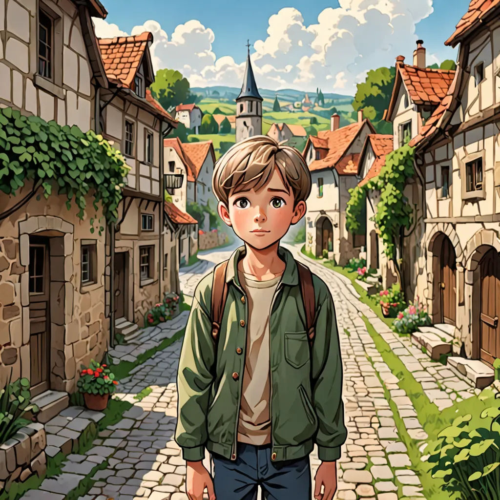 a boy standing in a village with a backpack on his shoulder and a backpack on his shoulder, looking at the camera, fantasy art, a storybook illustration, Cliff Childs, rossdraws global illumination