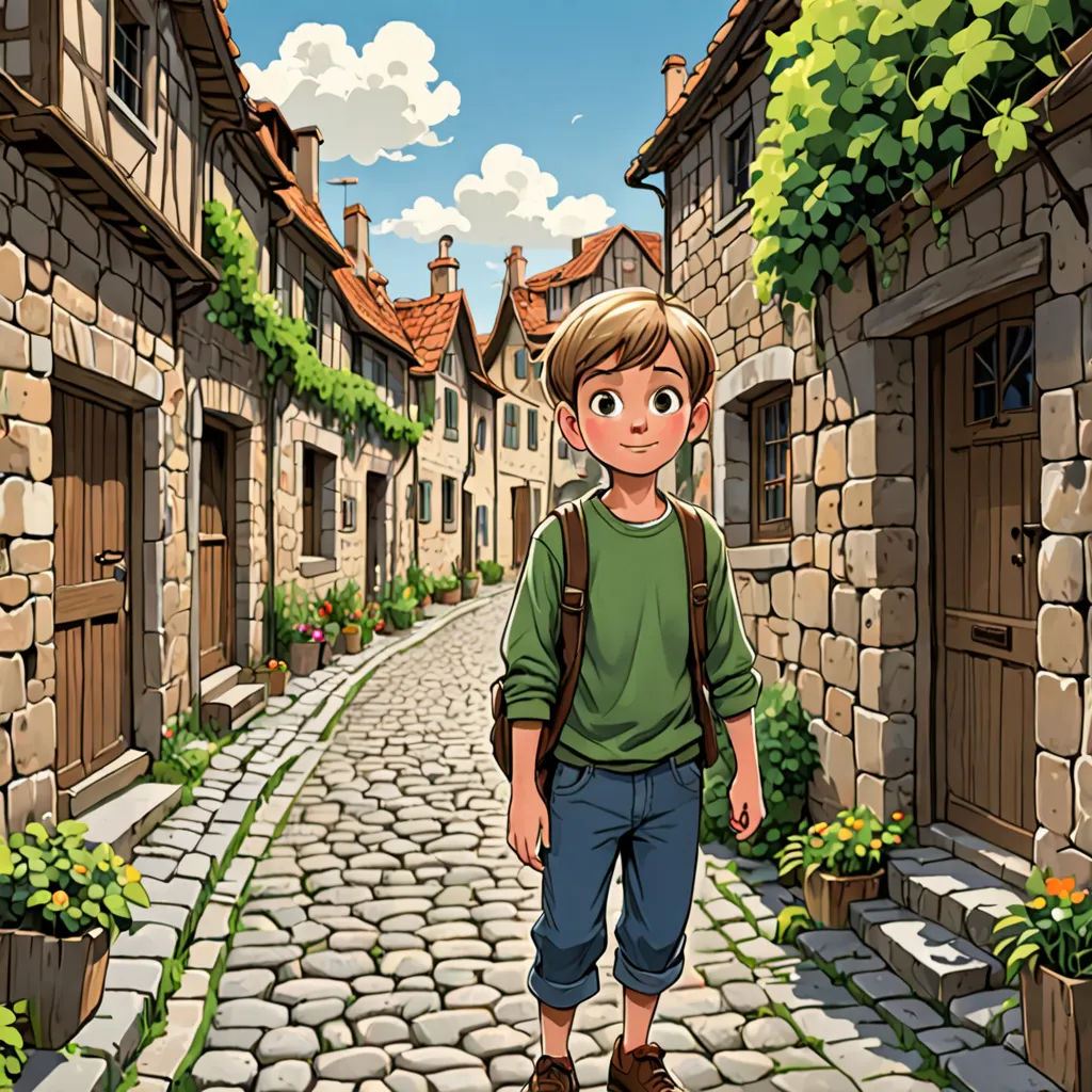 a boy walking down a cobblestone street in a village with stone buildings and a green shirt on, fantasy art, a storybook illustration, Cedric Seaut (Keos Masons), storybook illustration