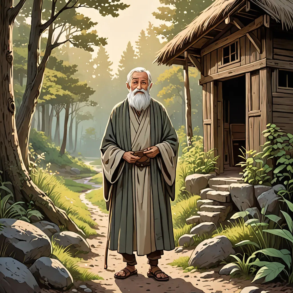 a man with a beard and a white beard standing in front of a hut in the woods with a pathway, primitivism, a storybook illustration, Asaf Hanuka, official art