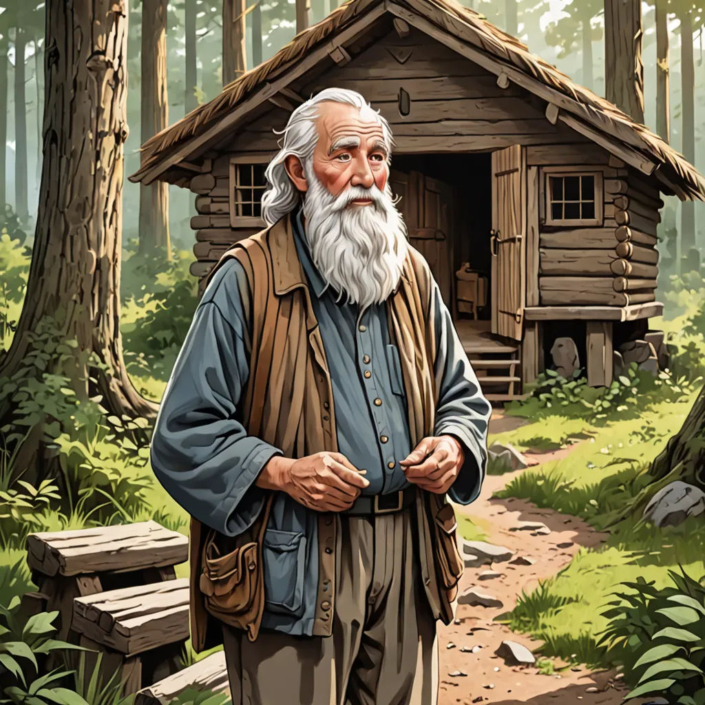 a painting of a man standing in front of a cabin in the woods with a beard and a beard, american scene painting, a character portrait, E. William Gollings, character portrait