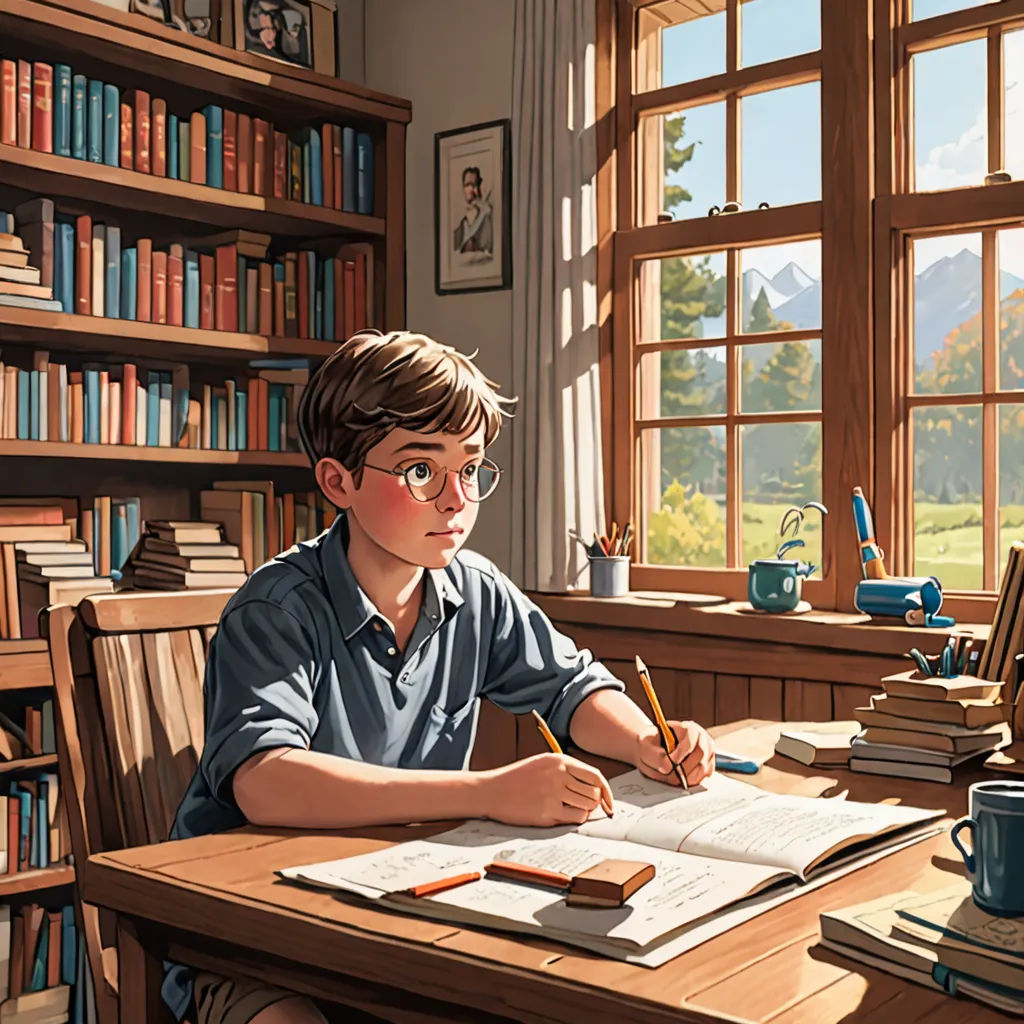 a boy sitting at a desk with a book and a pencil in his hand and a book in front of him, american scene painting, a storybook illustration, F Scott Hess, storybook illustration