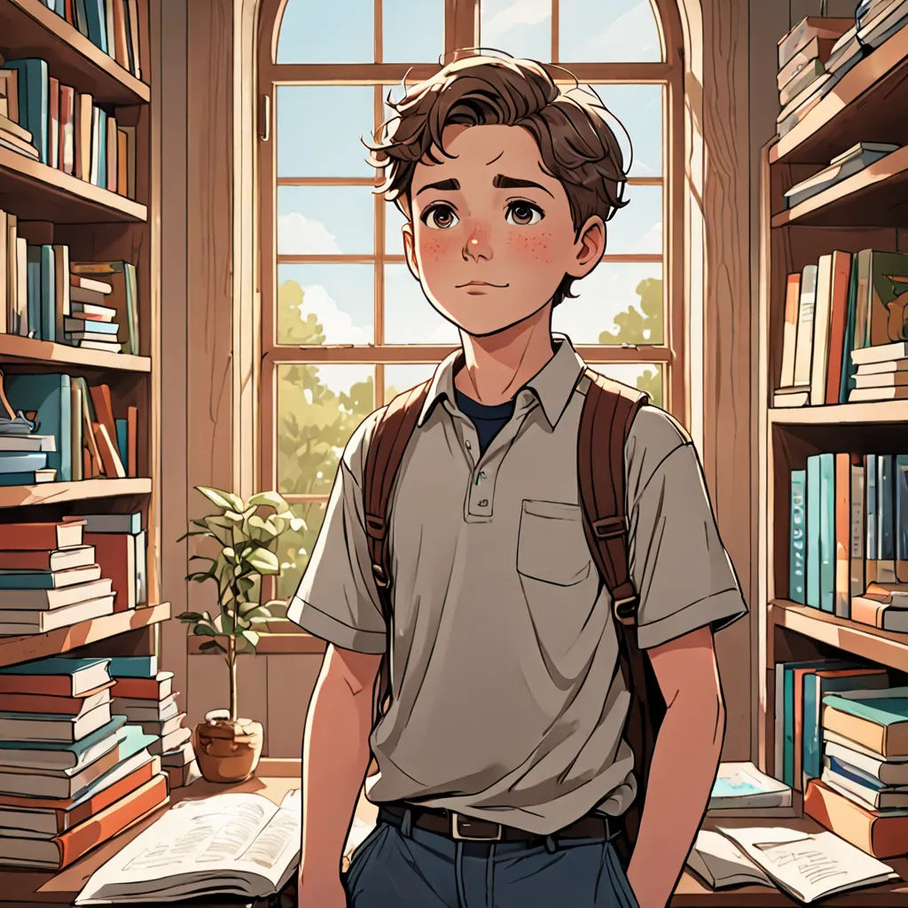 a boy standing in front of a window in a library with bookshelves and a plant in the corner, serial art, a character portrait, Cedric Seaut (Keos Masons), rossdraws global illumination