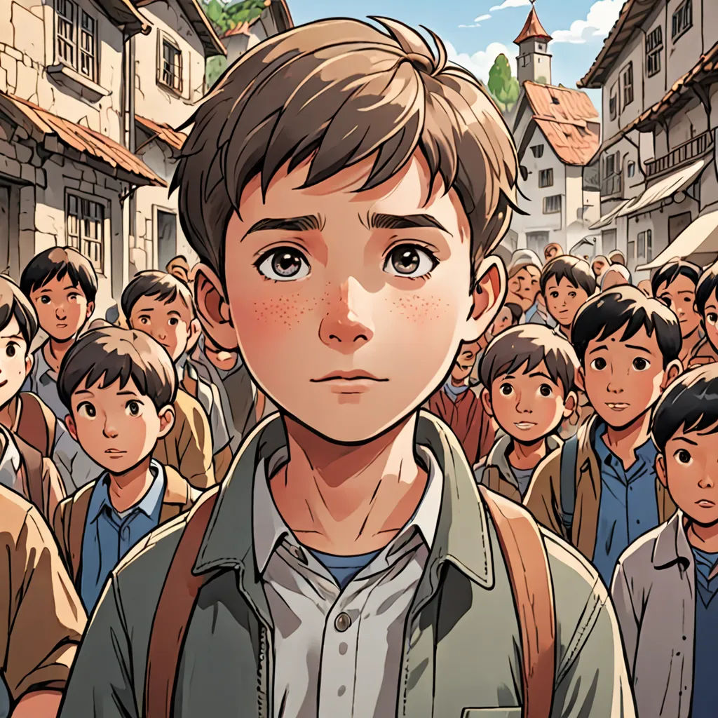 a boy standing in front of a crowd of people in a village with buildings and a clock tower in the background, fantastic realism, a comic book panel, Diego Gisbert Llorens, graphic novel