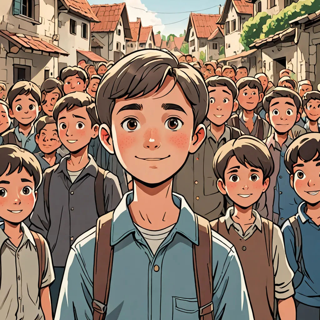 a man standing in front of a crowd of people in a village with houses on the side of the street, serial art, a comic book panel, Asaf Hanuka, graphic novel