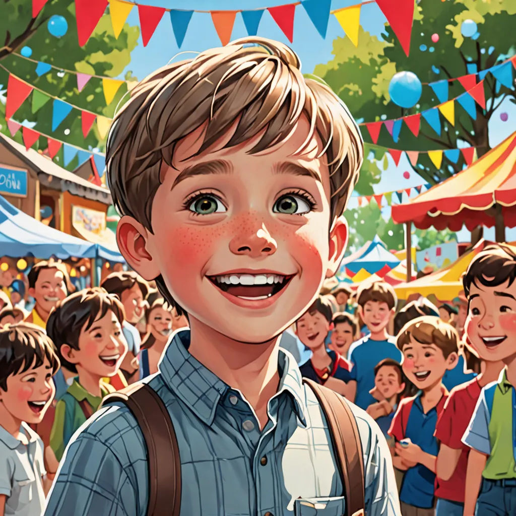 a boy is smiling in front of a crowd of people at a fair with a banner in the background, american scene painting, a storybook illustration, Bob Byerley, rossdraws global illumination