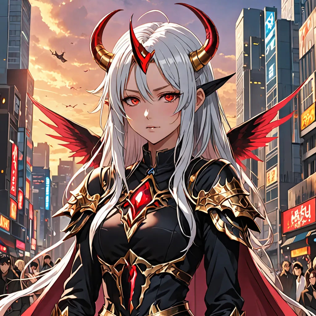 a woman in a costume with horns and horns on her head standing in a city street at sunset with a red demon, fantasy art, a character portrait, Chizuko Yoshida, red eyes