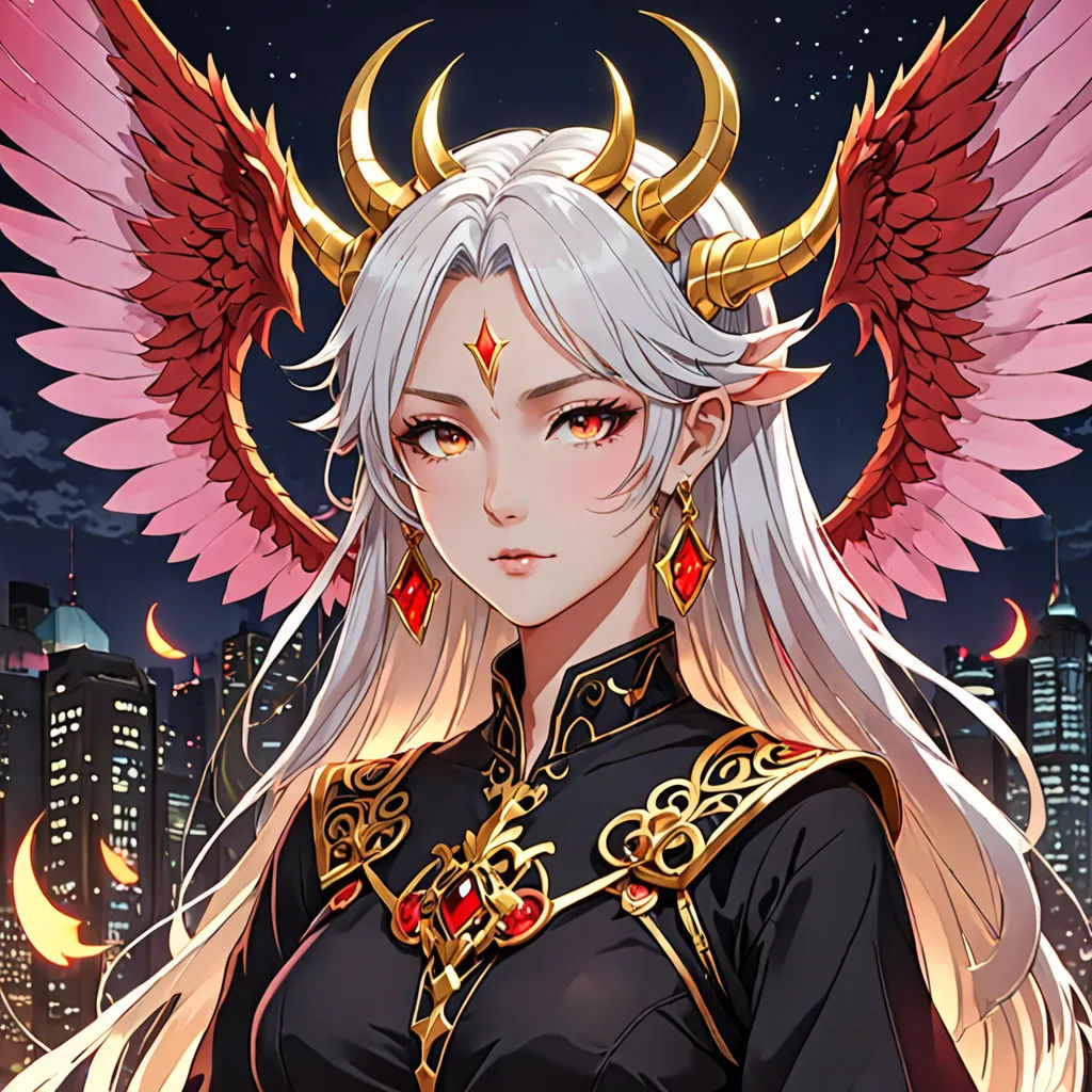a woman with white hair and wings in a city at night with a city skyline in the background and a pink sky, fantasy art, a character portrait, Artgerm, fantasy character portrait