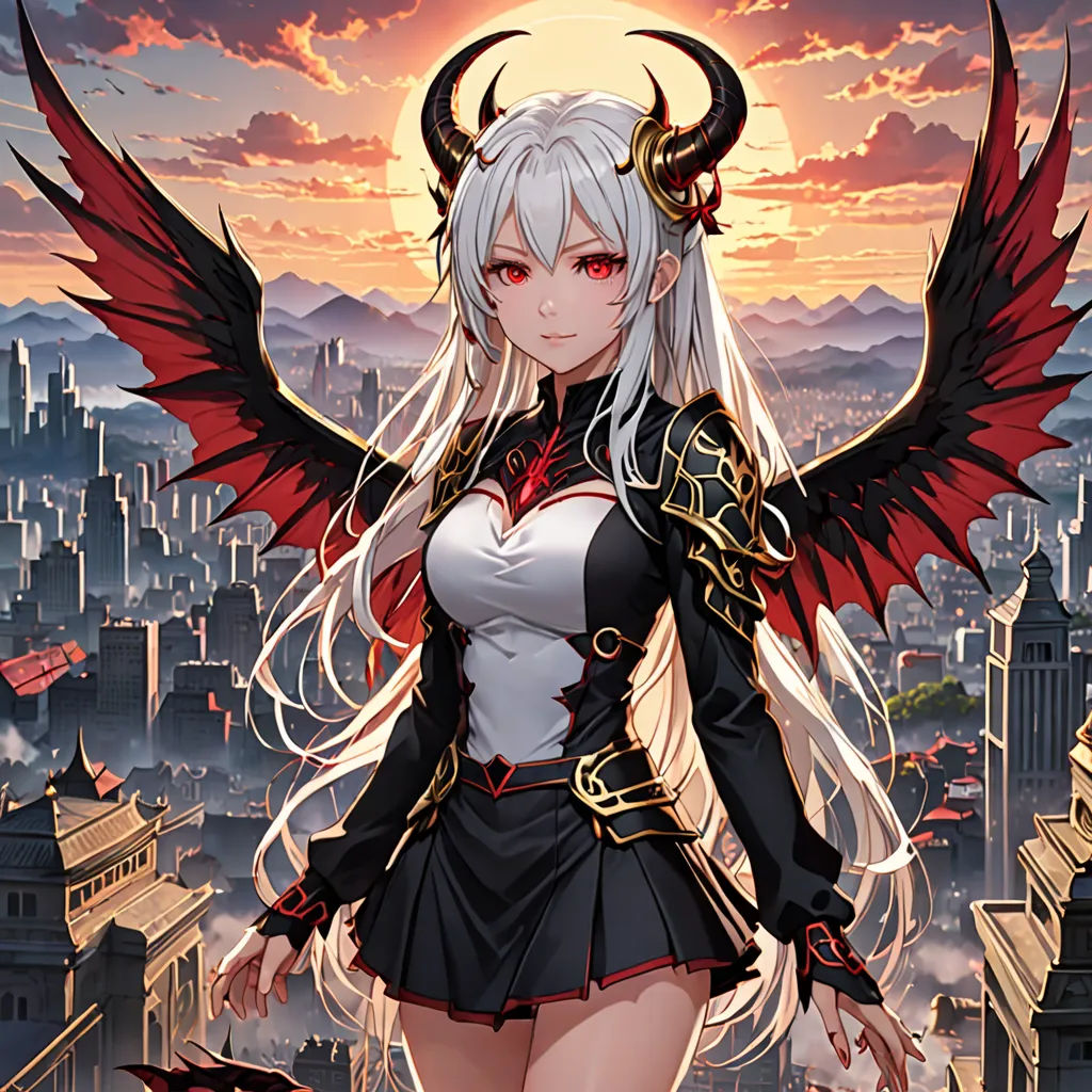 a woman with long white hair and a devilish outfit stands in front of a city skyline with a red and black bird, dau-al-set, a character portrait, Anne Stokes, city background