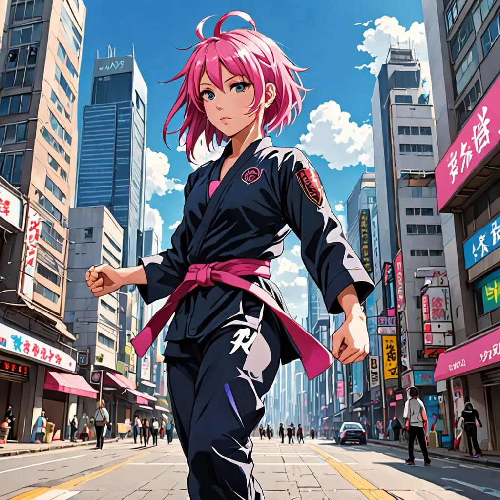 a woman in a kimono walking down a street in a city with tall buildings and a pink ribbon, neogeo, concept art, Aya Goda, official art