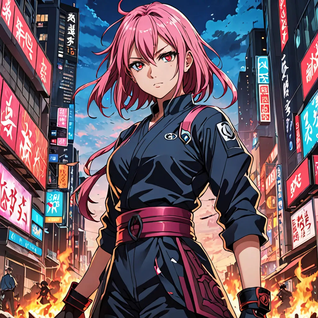 a woman in a black uniform standing in a city street with a gun in her hand and a fire in the background, cobra, poster art, Aya Goda, anime key visual