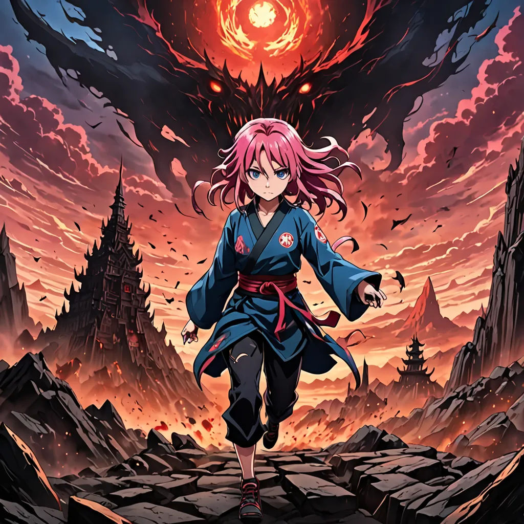 a girl in a blue dress is walking through a rocky area with a dragon in the background and a red sky, rayonism, poster art, Aya Goda, official art