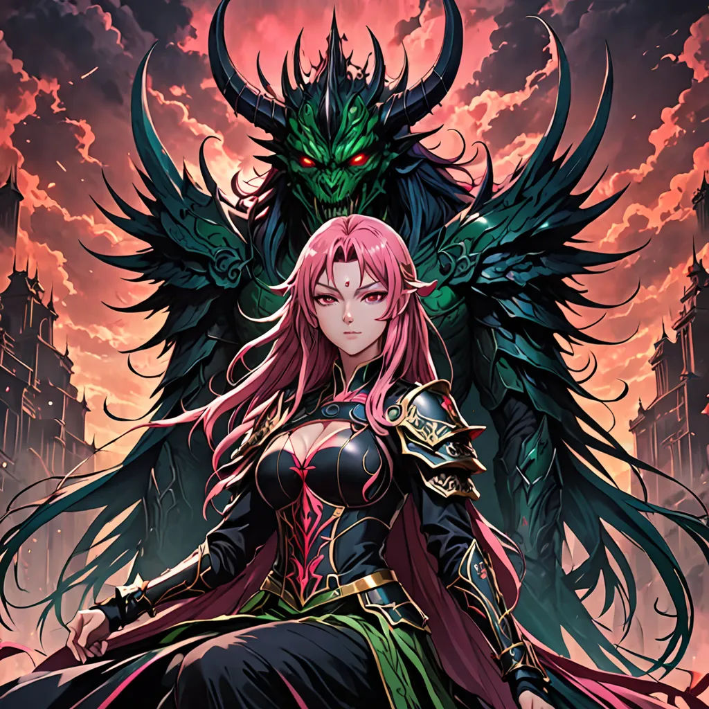 a woman with pink hair and a demon like head sitting on a bench in front of a cityscape, fantasy art, poster art, Anne Stokes, key art