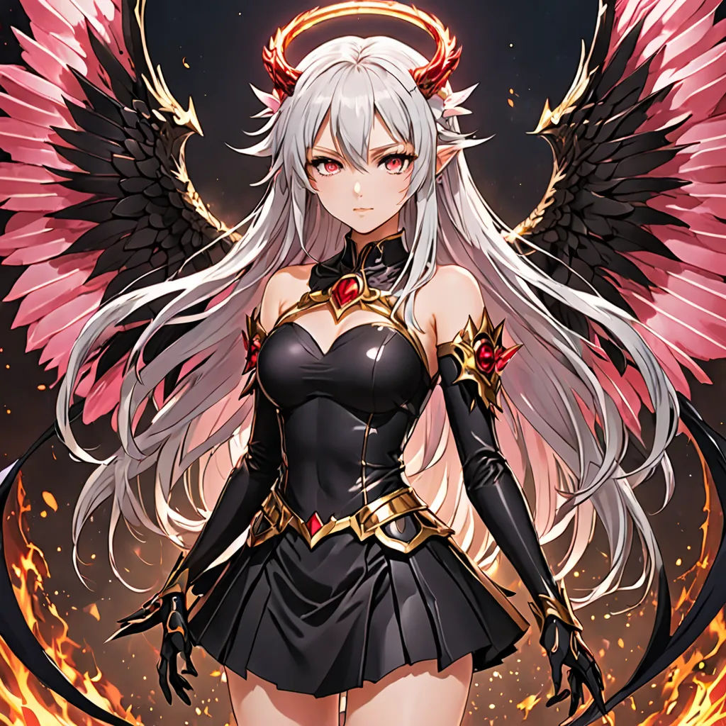 a woman with white hair and wings standing in front of a fire background with a halo around her head, fantasy art, a detailed painting, Artgerm, official art