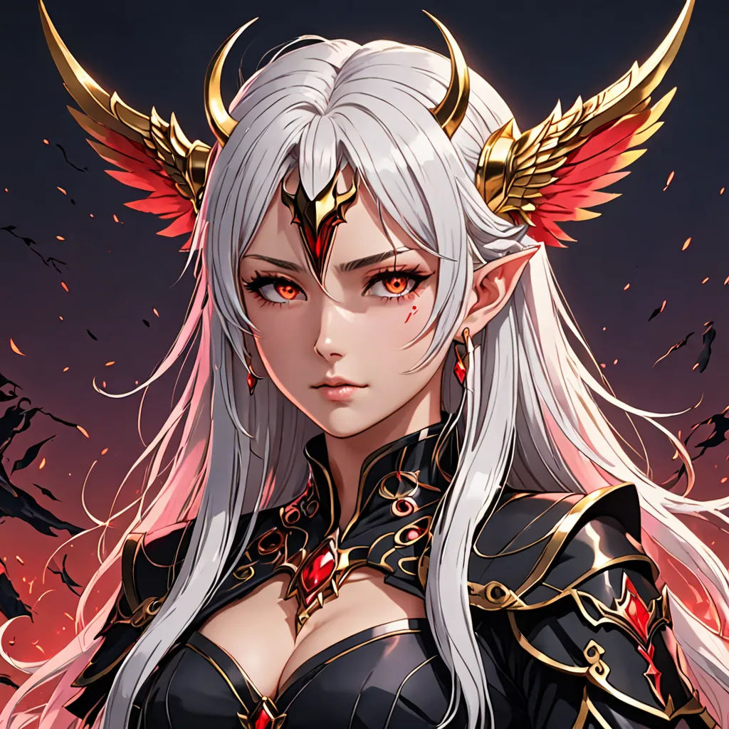 a woman with white hair and a red eye wearing a black outfit with gold wings and a red eye, fantasy art, a character portrait, Artgerm, fantasy character portrait